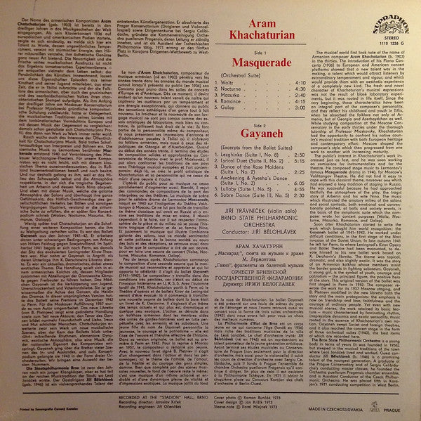 Aram Khatchaturian, Jiří Bělohlávek, Brno State Philharmonic Orchestra : Masquerade / Gayaneh (Suites) (LP, RP)