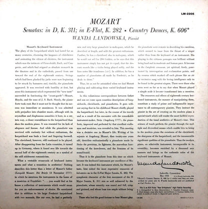 Wanda Landowska, Wolfgang Amadeus Mozart : Sonatas | No. 4, In E-Flat, K. 282 | No. 9, In D, K. 311 | Country Dances, K. 606 (LP)