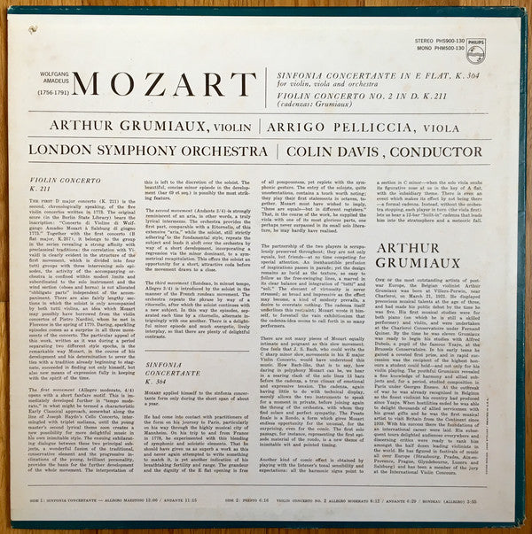 Wolfgang Amadeus Mozart, Arthur Grumiaux, Arrigo Pelliccia, The London Symphony Orchestra, Sir Colin Davis : Violin Concerto No. 2 / Sinfonia Concertante (LP, Album)