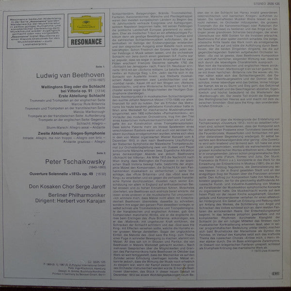 Ludwig van Beethoven / Pyotr Ilyich Tchaikovsky - Don Kosaken Chor Serge Jaroff, Berliner Philharmoniker, Herbert von Karajan : Wellingtons Sieg Oder Die Schlacht Bei Vittoria / Ouvertüre Solennelle »1812« (LP, RE)