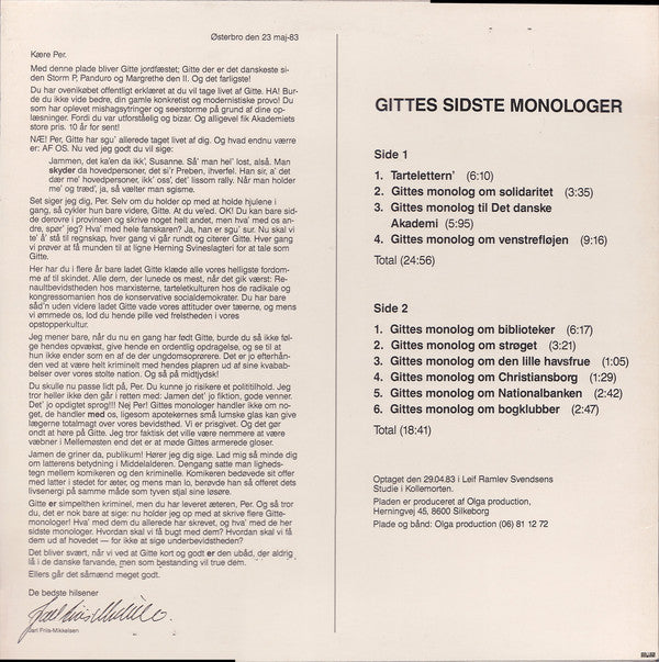 Per Højholt : Gittes Sidste Monologer (- Nye Gitte Monologer) (LP, Album)