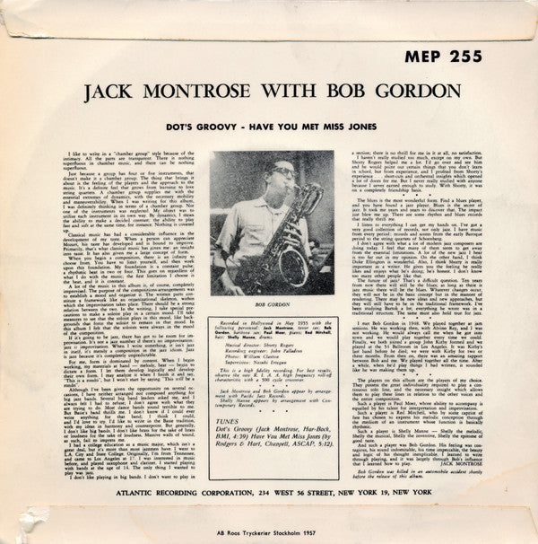 Jack Montrose With  Bob Gordon (2) : Arranged / Played / Composed By Jack Montrose With Bob Gordon Vol. 2 (7", EP)