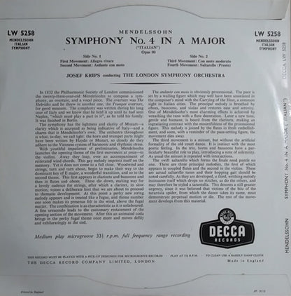 Felix Mendelssohn-Bartholdy, Josef Krips Conducting The London Symphony Orchestra : Symphony No. 4 In A Major ("Italian") Opus 90 (10", Mono, RP)