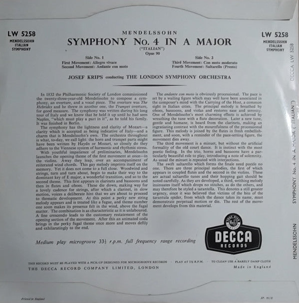 Felix Mendelssohn-Bartholdy, Josef Krips Conducting The London Symphony Orchestra : Symphony No. 4 In A Major ("Italian") Opus 90 (10", Mono, RP)