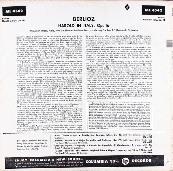 Hector Berlioz - William Primrose, Sir Thomas Beecham, The Royal Philharmonic Orchestra : Harold In Italy, Op.16 (LP, Mono, RE)