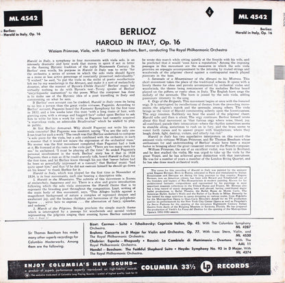 Hector Berlioz - William Primrose, Sir Thomas Beecham, The Royal Philharmonic Orchestra : Harold In Italy, Op.16 (LP, Mono, RE)