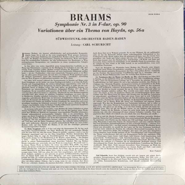 Johannes Brahms - Südwestfunkorchester Baden-Baden, Carl Schuricht : Symphonie Nr. 3, Variationen Über Ein Thema Von Haydn (LP, Album)