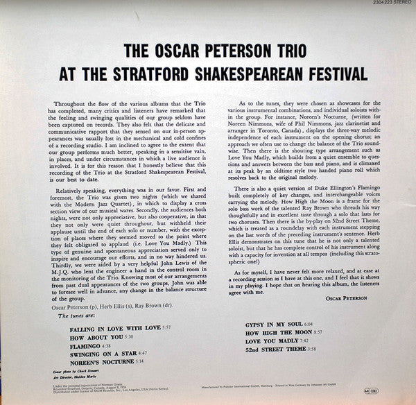 The Oscar Peterson Trio : At The Stratford Shakespearean Festival (LP, Album, RE)