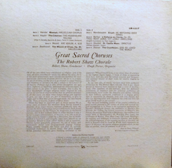 The Robert Shaw Chorale, Robert Shaw, Hugh E. Porter : Great Sacred Choruses (LP, Album, Mono, RE)