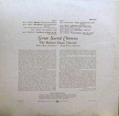 The Robert Shaw Chorale, Robert Shaw, Hugh E. Porter : Great Sacred Choruses (LP, Album, Mono, RE)