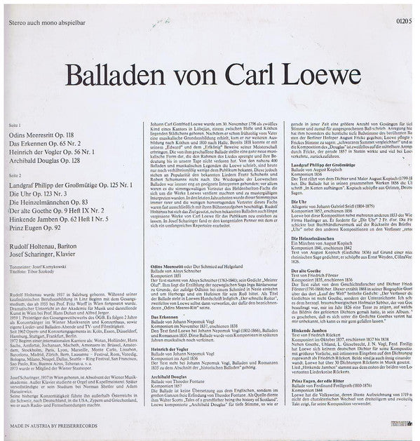 Rudolf Holtenau, Josef Scharinger : Balladen von Carl Loewe (LP)