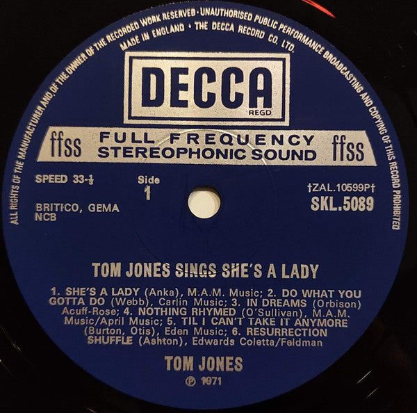 Tom Jones : Tom Jones Sings She's A Lady (LP, Album)