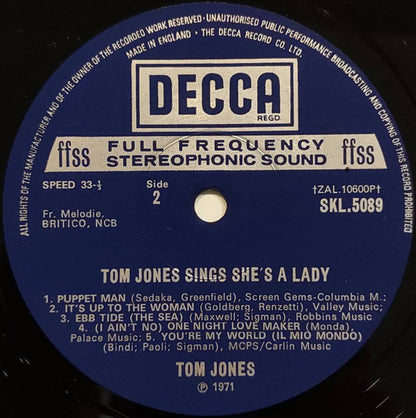 Tom Jones : Tom Jones Sings She's A Lady (LP, Album)