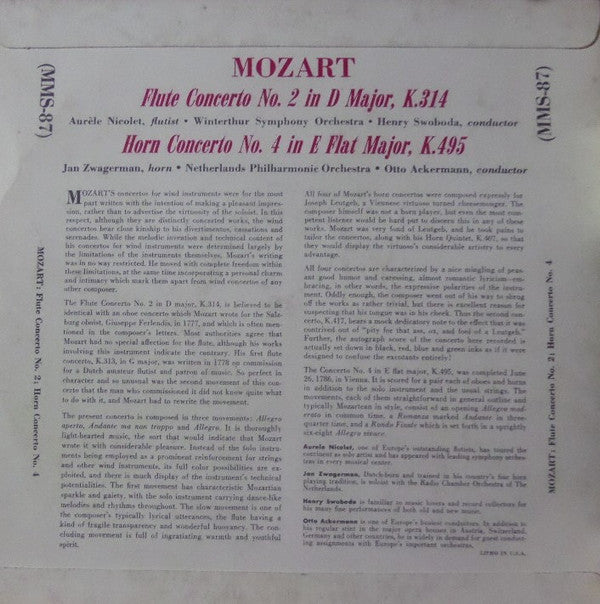 Wolfgang Amadeus Mozart / Aurèle Nicolet, Jan Zwagerman, Winterthur Symphony Orchestra, Nederlands Philharmonisch Orkest, Henry Swoboda, Otto Ackermann : Flute Concerto No.2/Horn Concerto No.4 (10")