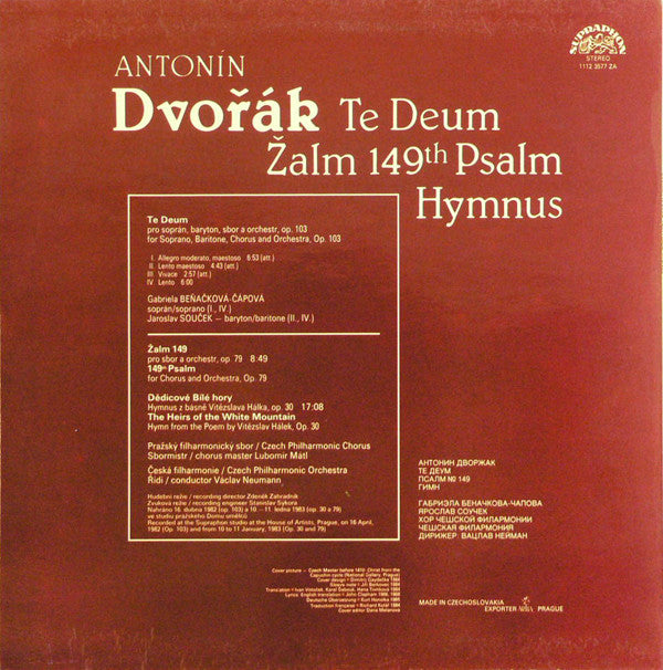 Antonín Dvořák - Gabriela Beňačková, Jaroslav Souček, Czech Philharmonic Chorus and The Czech Philharmonic Orchestra, Václav Neumann : Te Deum / 149th Psalm / Hymnus (LP, Album, RP)