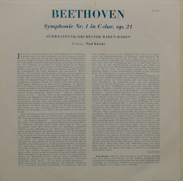 Ludwig van Beethoven, Südwestfunkorchester Baden-Baden, Paul Kletzki : Symphony No. 1 In C-Major, Op. 21 (10", Mono)