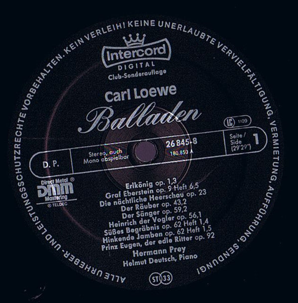 Carl Loewe, Hermann Prey, Helmut Deutsch : Balladen (LP, Club)