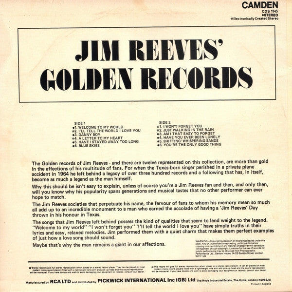 Jim Reeves : Jim Reeves' Golden Records (LP, Comp)