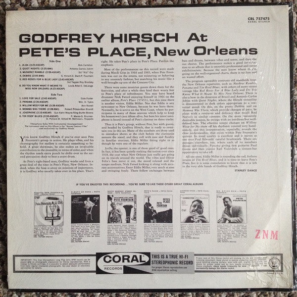 Godfrey Hirsch : Godfrey Hirsch At Pete's Place, New Orleans (LP, Album)