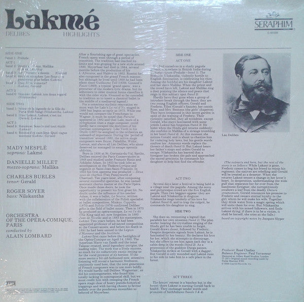 Léo Delibes  -  Mady Mesplé, Charles Burles, Roger Soyer, Danielle Millet, Orchestre Du Théâtre National De L'Opéra-Comique, Alain Lombard : Lakmé (Highlights) (LP)