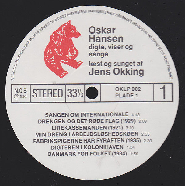 Oskar Hansen Læst Og Sunget Af Jens Okking : Digte, Viser Og Sange (2xLP, Album)