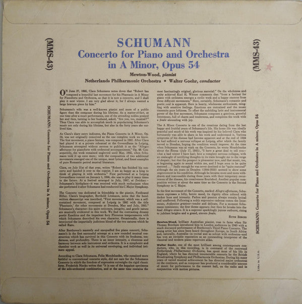 Robert Schumann, Nederlands Philharmonisch Orkest Conducted By Walter Goehr With Pianist Mewton-Wood : Concerto For Piano And Orchestra In A Minor, Opus 54 (10", Mono)