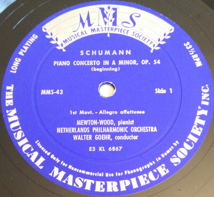 Robert Schumann, Nederlands Philharmonisch Orkest Conducted By Walter Goehr With Pianist Mewton-Wood : Concerto For Piano And Orchestra In A Minor, Opus 54 (10", Mono)