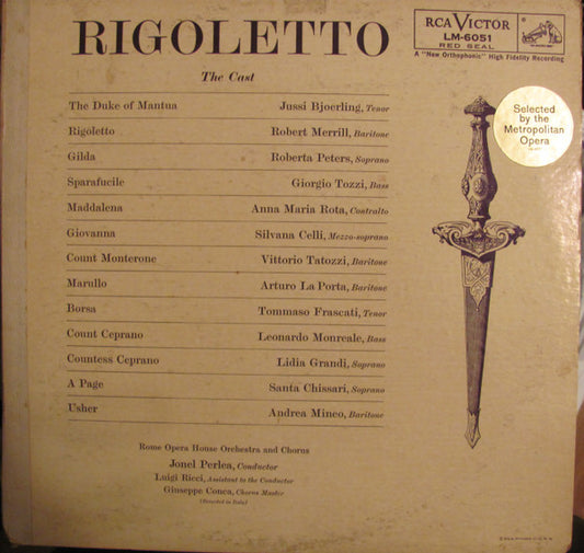 Jussi Björling, Robert Merrill, Roberta Peters, Giorgio Tozzi, Anna Maria Rota, Silvana Celli, Vittorio Tatozzi, Arturo La Porta, Tommaso Frascati, Leonardo Monreale, Lidia Grandi, Santa Chissari, Andrea Mineo, Orchestra Del Teatro Dell'Opera Di Roma And  : Rigoletto (2xLP)