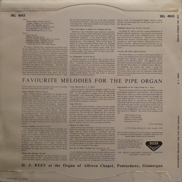 D. J. Rees : Favourite Melodies For The Pipe Organ (LP)