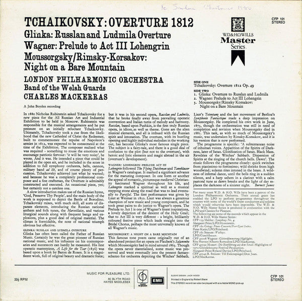 The London Philharmonic Orchestra / Band Of The Welsh Guards / The Kings Troop Royal Horse Artillery / Sir Charles Mackerras : 1812 Overture / Russlan And Ludmila Overture / Lohengrin Prelude To Act 3 / Night On A Bare Mountain (LP, RE, Cre)