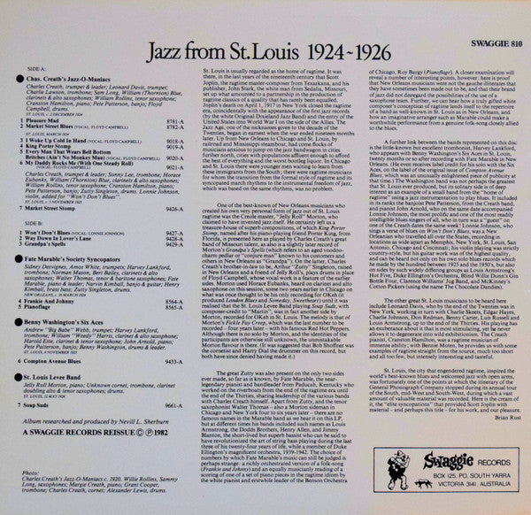 Charles Creath's Jazz-O-Maniacs, Fate Marable's Society Syncopators, Benny Washington's Six Aces, St. Louis Levee Band : Jazz from St.Louis 1924-1926 (LP, Comp, Mono)