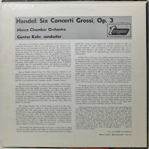 Georg Friedrich Händel, Mainzer Kammerorchester, Günter Kehr : Concerti Grossi Op. 3 (LP)