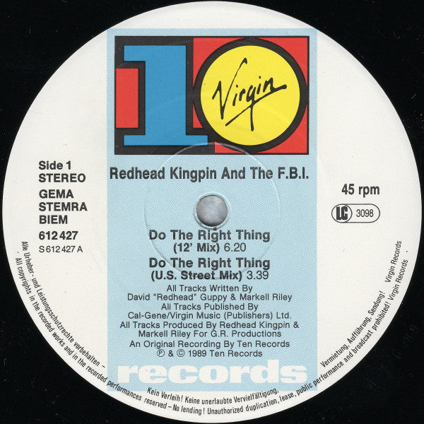 Redhead Kingpin And The FBI : Do The Right Thing (12", Single)