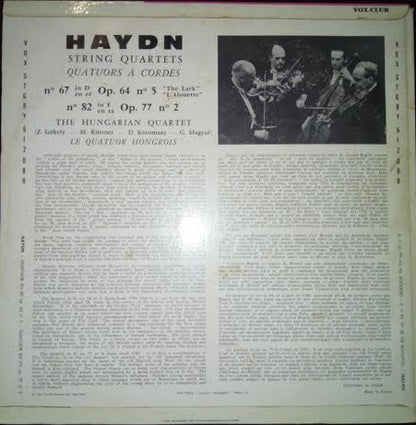 Joseph Haydn, The Hungarian Quartet : Quartet Nº 67 "The Lark" / Quartet Nº 82 "Lobkowitz" (LP)