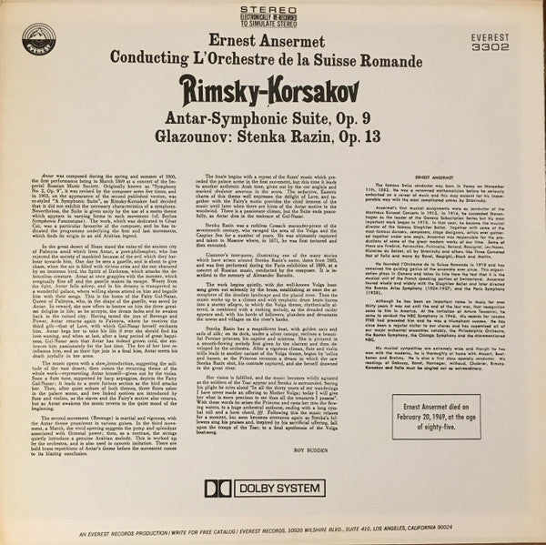 Ernest Ansermet, L'Orchestre De La Suisse Romande, Nikolai Rimsky-Korsakov, Alexander Glazunov : Antar Symphonic Suite Op.9 / Stenka Razin Op.13 (LP, Album)