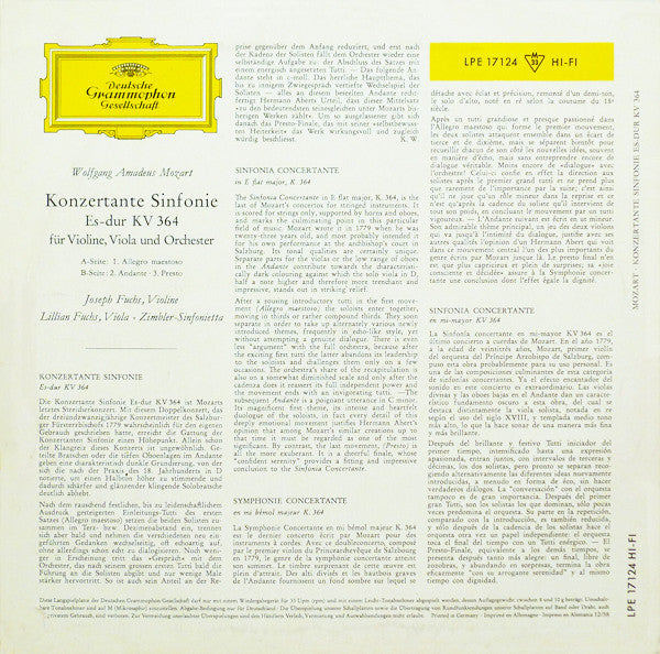 Wolfgang Amadeus Mozart - Joseph Fuchs ∙ Lillian Fuchs ∙ The Zimbler Sinfonietta : Konzertante Sinfonie Es-dur KV 364 (Für Violine, Viola Und Orchester) (10", Mono)