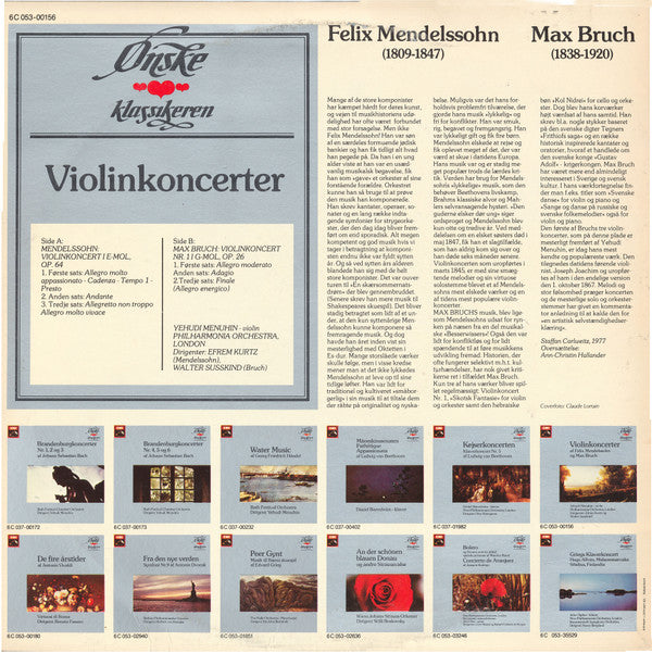 Felix Mendelssohn-Bartholdy, Max Bruch, Yehudi Menuhin, The London Philharmonic Orchestra, Efrem Kurtz, Walter Susskind : Violinkoncerter Af Felix Mendelssohn Og Max Bruch (LP)