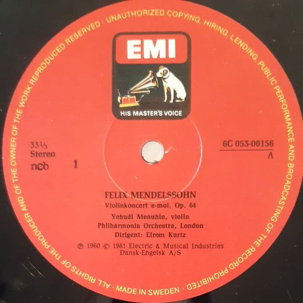 Felix Mendelssohn-Bartholdy, Max Bruch, Yehudi Menuhin, The London Philharmonic Orchestra, Efrem Kurtz, Walter Susskind : Violinkoncerter Af Felix Mendelssohn Og Max Bruch (LP)