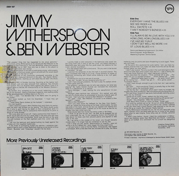 Jimmy Witherspoon & Ben Webster : Previously Unreleased Recordings (LP, Album)