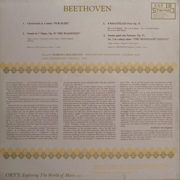 Ludwig van Beethoven - Barbara Holmquest : Piano Works (LP)