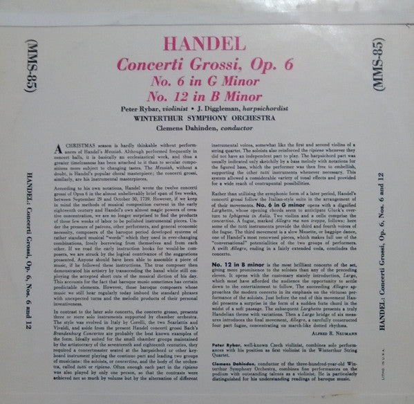 Winterthur Symphony Orchestra, Peter Rybar, J.Diggleman, Clemens Dahinden : Concerti Grossi, Op. 6, No. 6 In G Minor, No. 12 In B Minor (10", Mono)