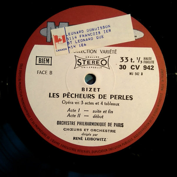 Georges Bizet / Chœur Philharmonique De Paris Et Orchestre Philharmonique De Paris (2) / Direction : René Leibowitz : Les Pêcheurs De Perles Volume 1 (LP)