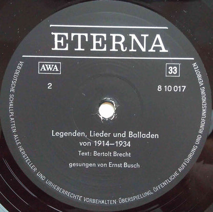 Ernst Busch : Legenden, Lieder Und Balladen 1914-1934 Text: Bertolt Brecht (LP, Mono, RP)