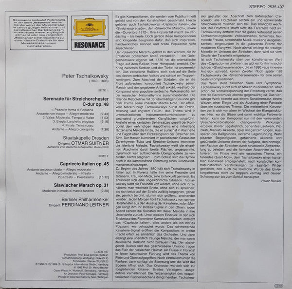 Pyotr Ilyich Tchaikovsky, Staatskapelle Dresden · Berliner Philharmoniker, Otmar Suitner · Ferdinand Leitner : Streicherserenade / Slawischer Marsch / Capriccio Italien (LP, Comp, RE)