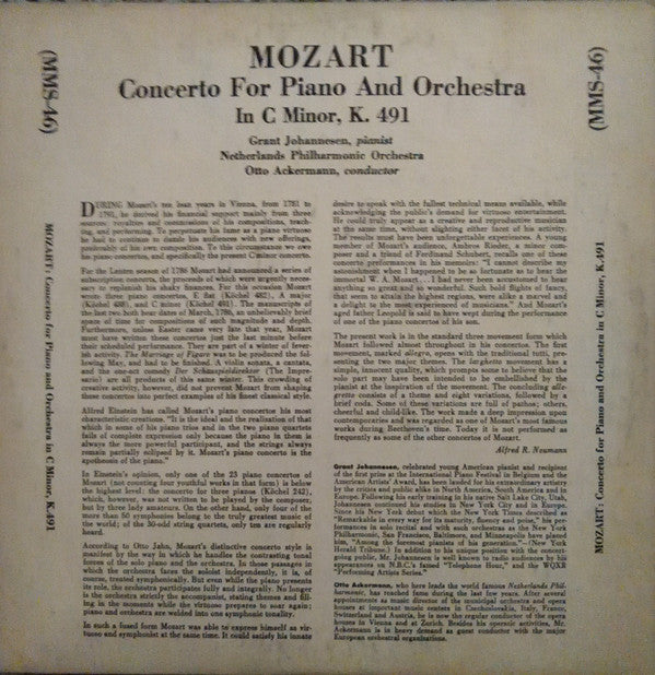 Wolfgang Amadeus Mozart, Grant Johannesen, Nederlands Philharmonisch Orkest, Otto Ackermann : Piano Concerto No. 24 C Minor, K 491 (10", Mono)