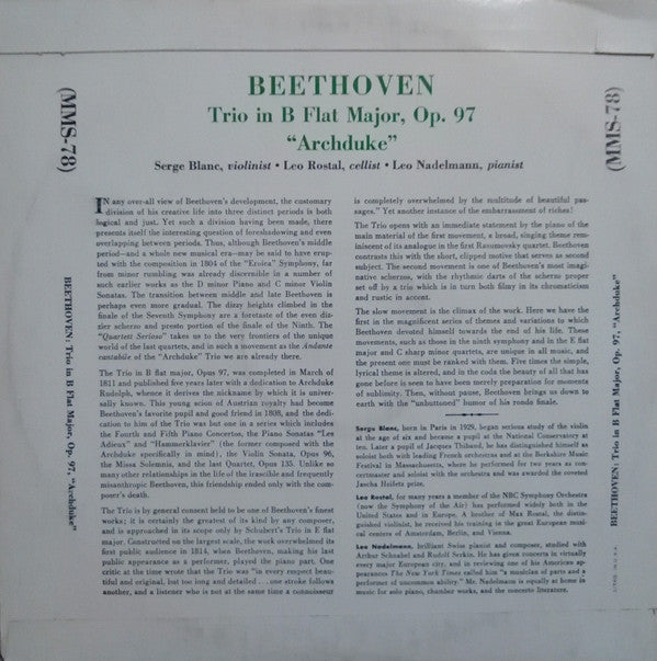 Ludwig van Beethoven : Trio B Flat Major, Op. 97 "Archduke" (10")