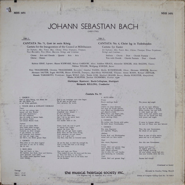 Johann Sebastian Bach : Cantata No. 71 "Gott Ist Mein Koning" / No. 4 "Christ Lag In Todesbanden" (LP)