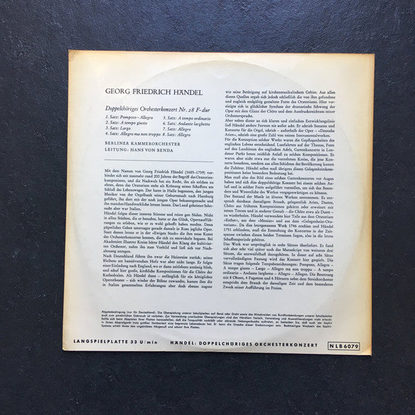 Georg Friedrich Händel : Doppelchöriges Orchesterkonzert Nr. 28 F-Dur (10", Album)
