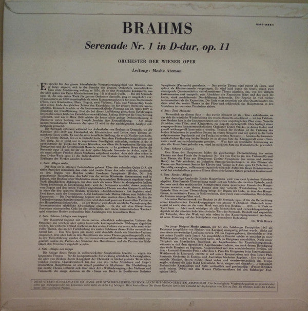 Johannes Brahms, Orchester Der Wiener Staatsoper, Moshe Atzmon : Serenade No.1 In D Major, Op.11 (LP)