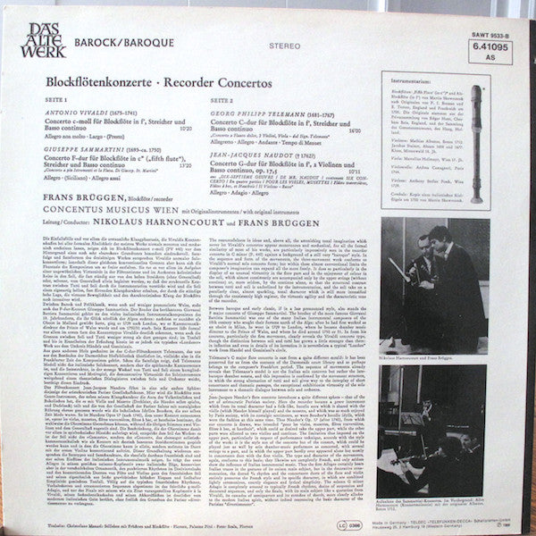 Frans Brüggen, Concentus Musicus Wien, Nikolaus Harnoncourt : Blockflötenkonzerte - Recorder Concertos (LP, Album, RE)